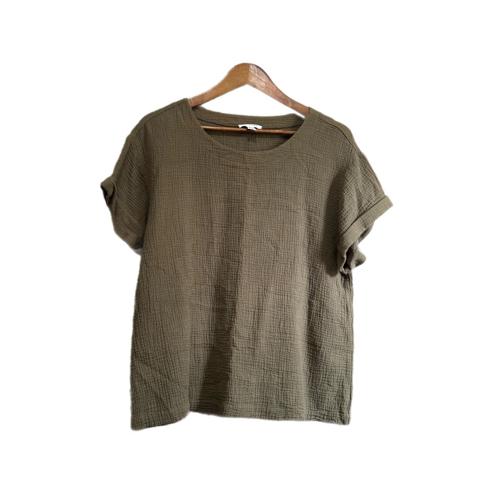 Calvin Klein Gauze Top Womens Large Olive Green Excellent Cotton Textured Tee